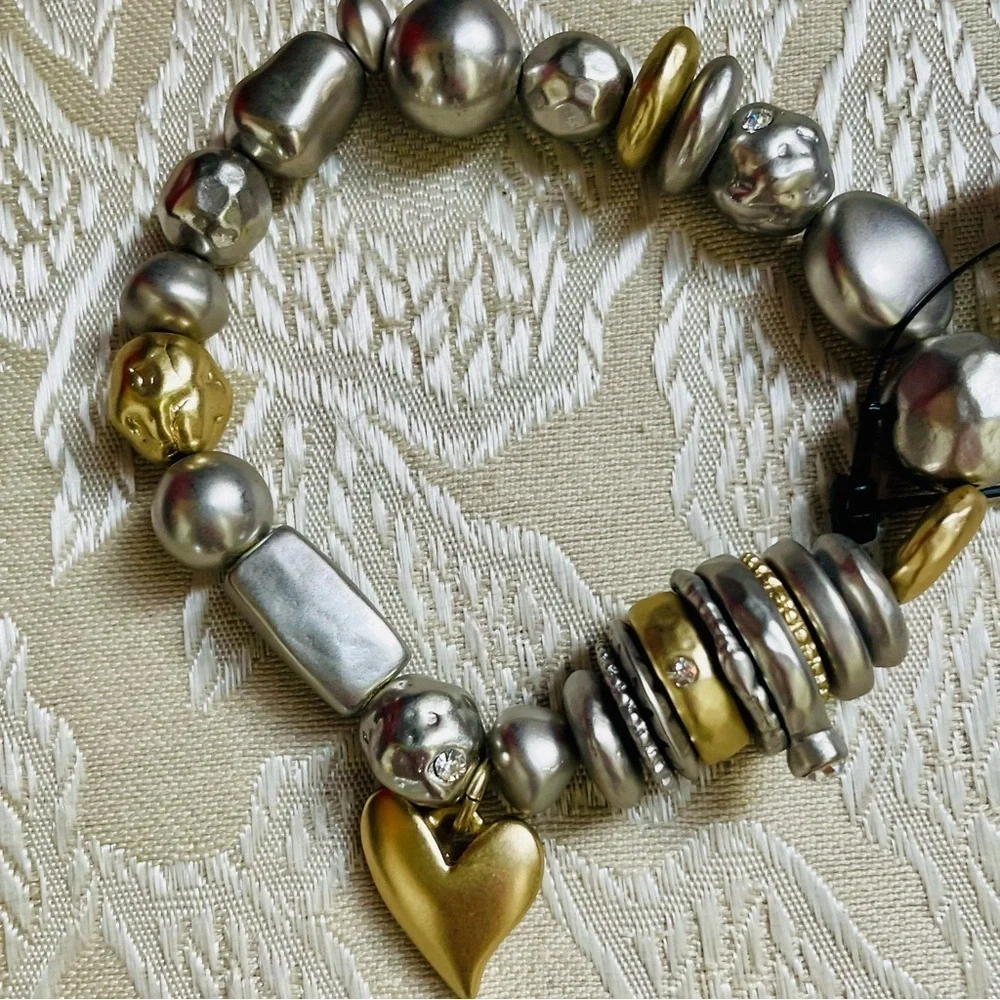 NWT Chico’s Silver Gold Tone Rhinestone Love Theme Mixed Media Stretch Bracelet